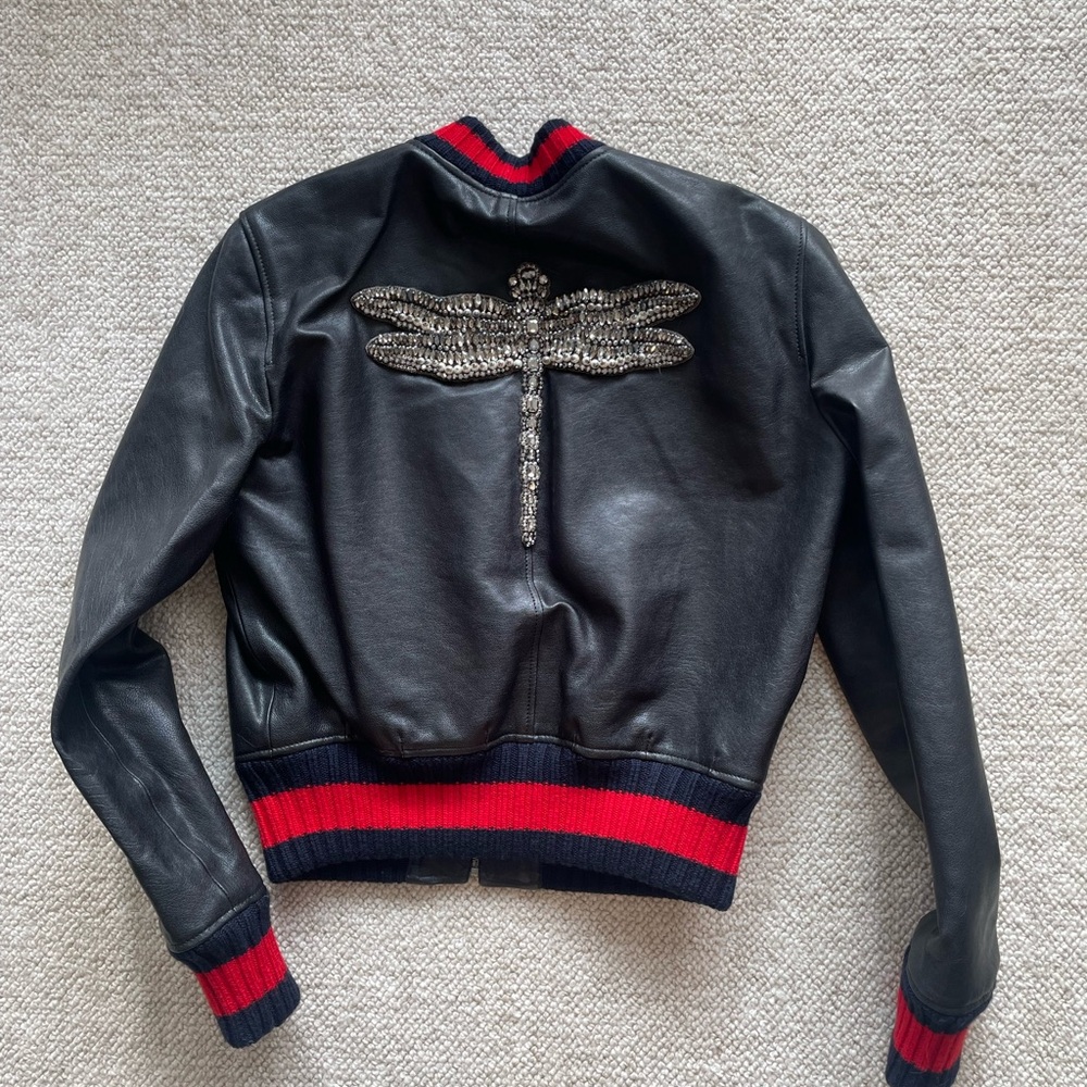 Authentic Gucci women’s Black Leather Jacket with Dragonfly Embellishment